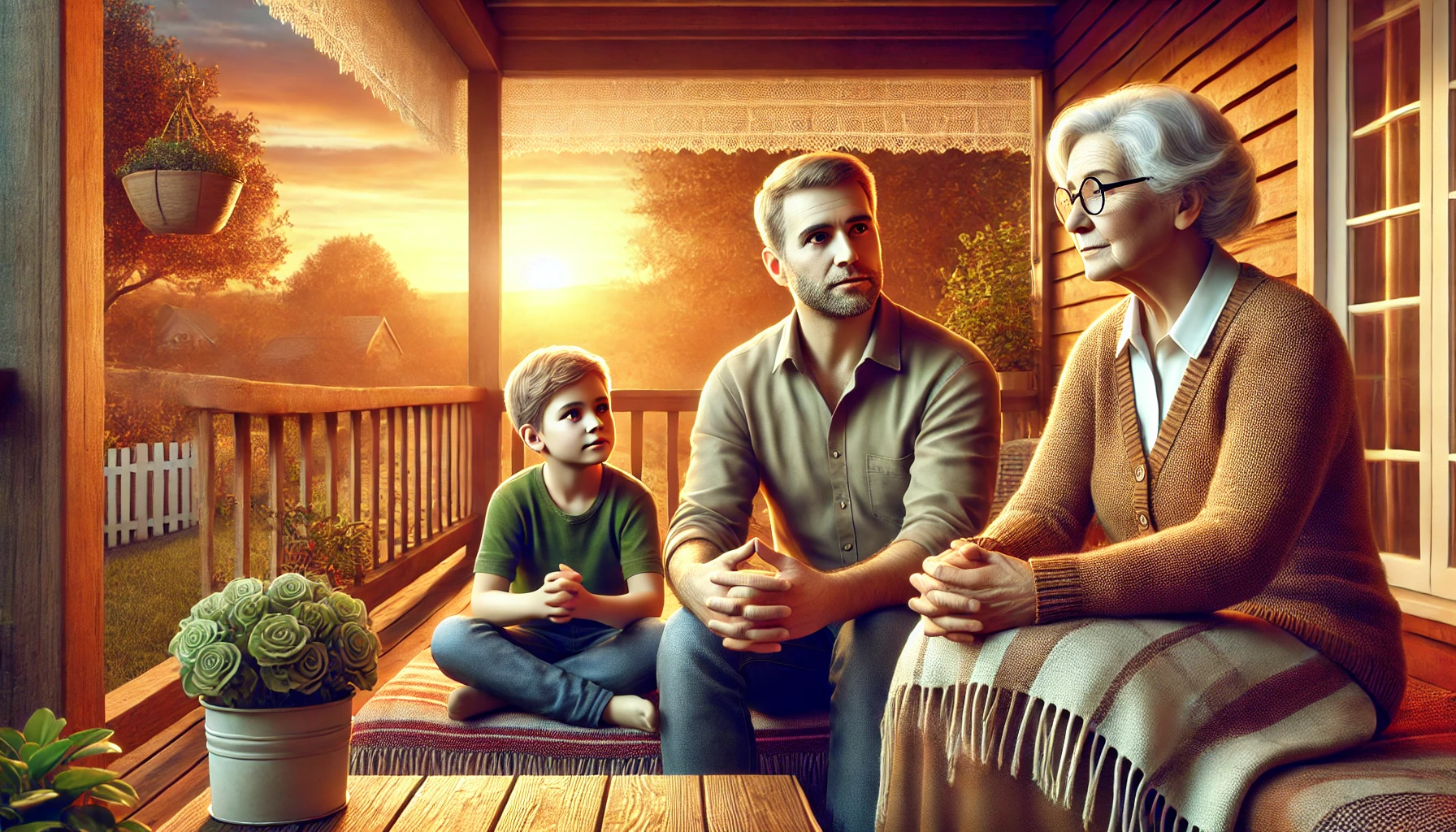 An elderly mother and father sitting on a cozy porch, with their adult child seated beside them.
