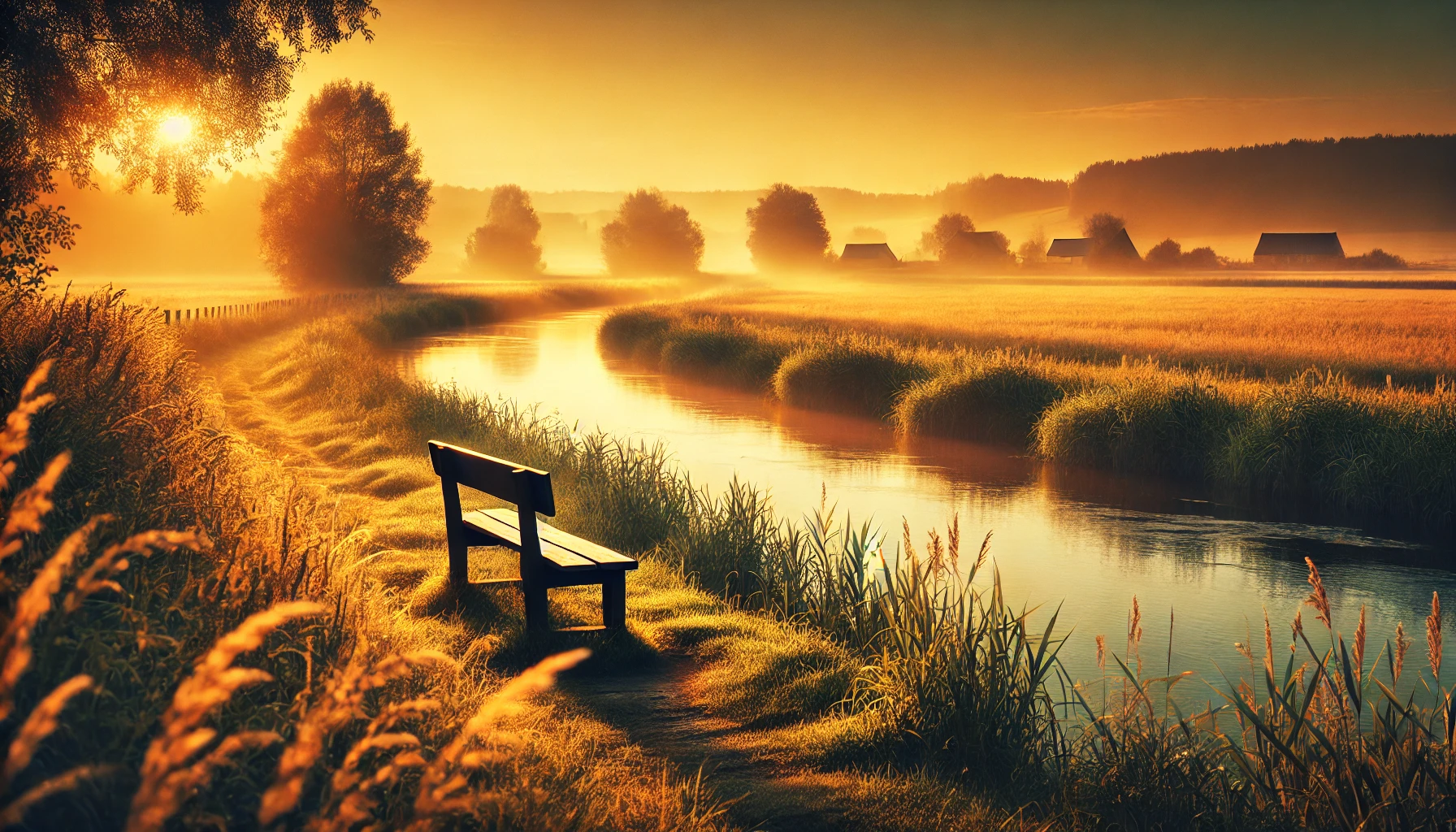 An idyllic countryside scene at sunset, featuring a calm river meandering through golden fields.