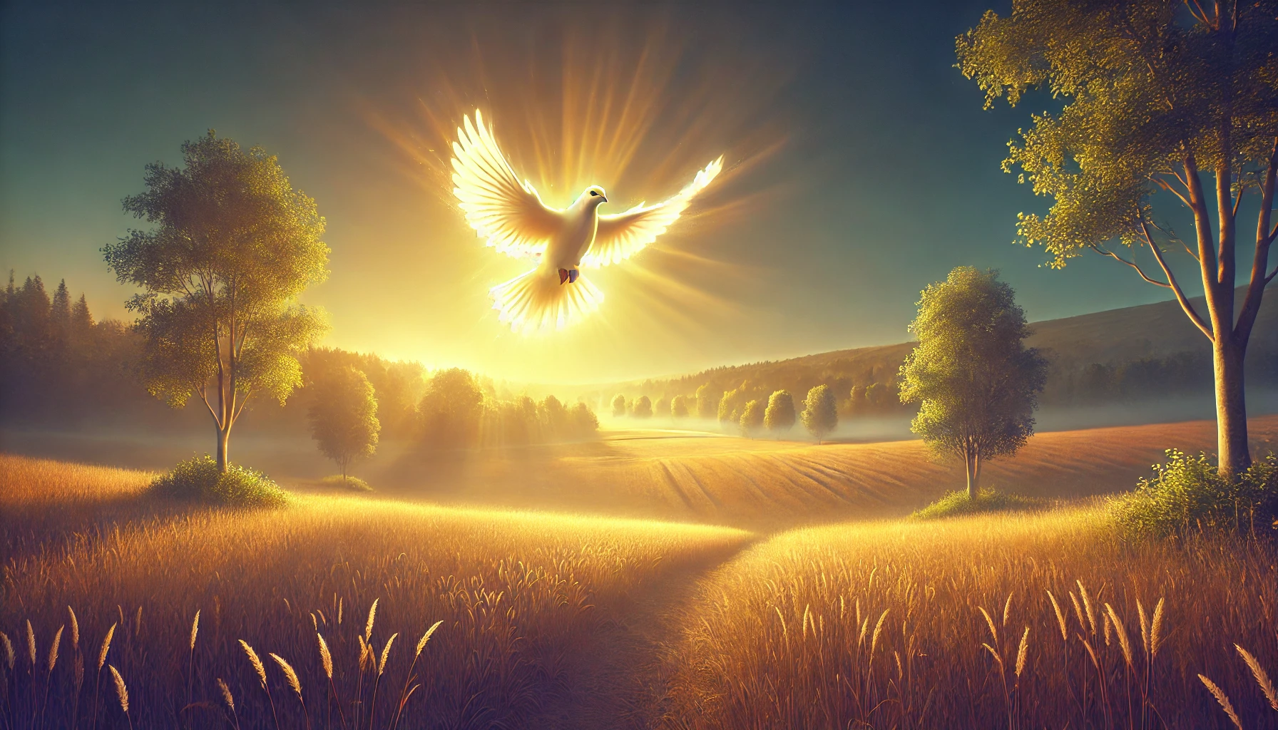 An open field bathed in golden light, with a soft breeze rustling the trees.