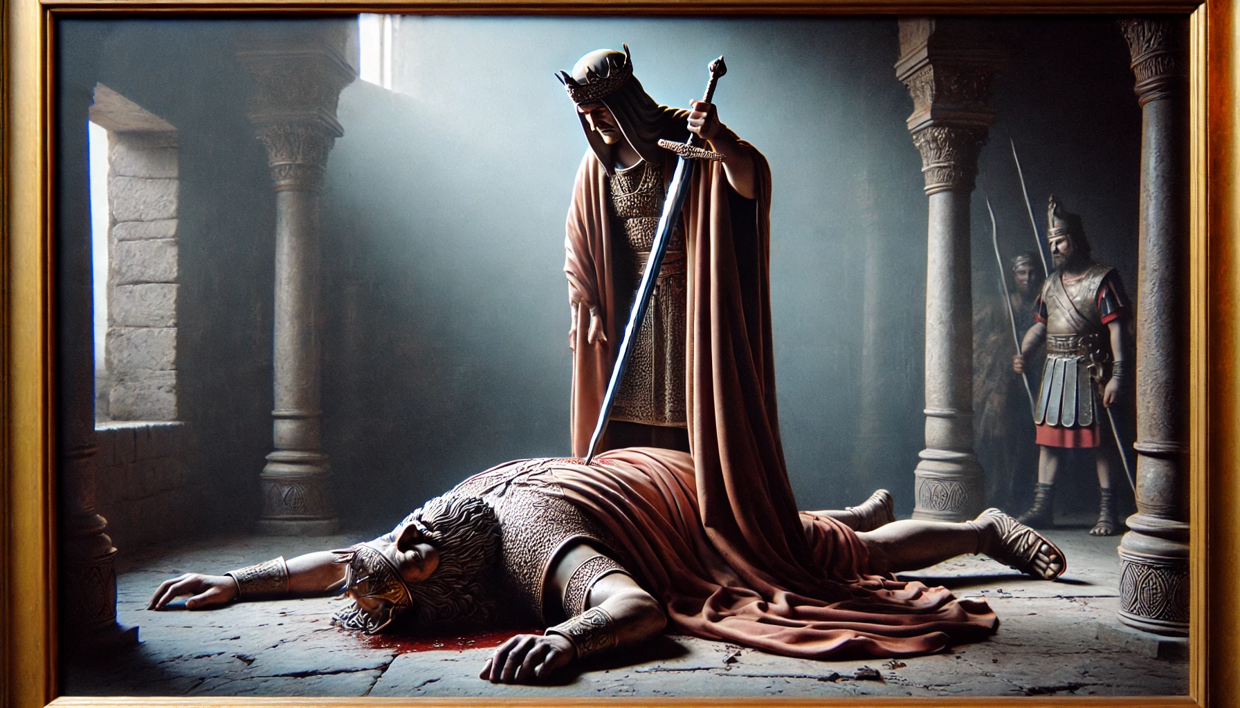Ehud holding a sword in one hand, standing over the large and lifeless figure of King Eglon.