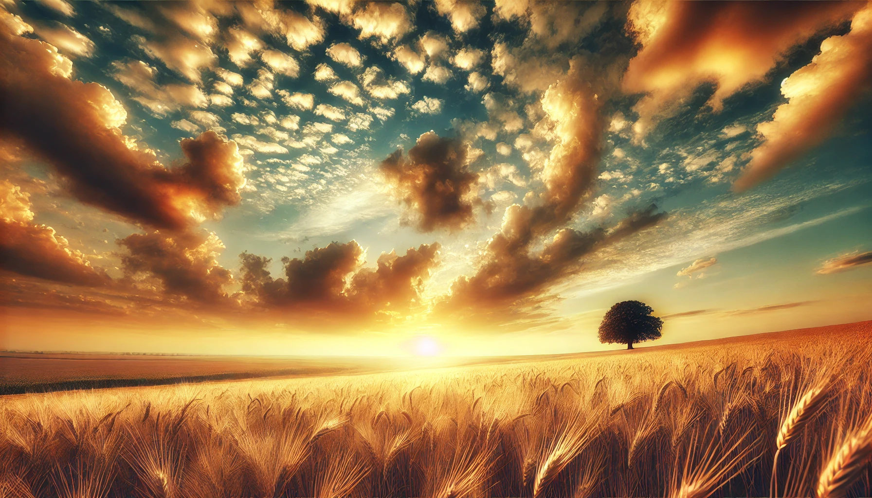 Golden wheat fields under a dramatic sky filled with soft, glowing clouds at sunset.