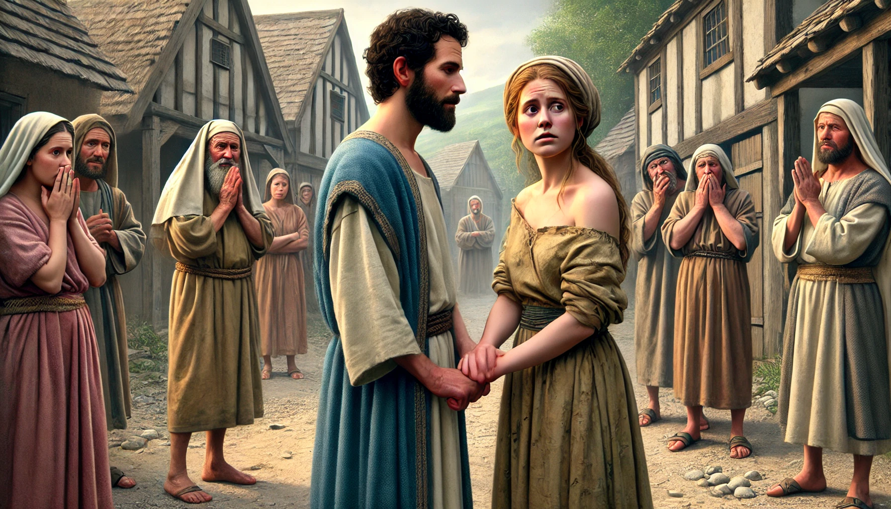 Hosea standing in a modest biblical village, holding hands with Gomer.