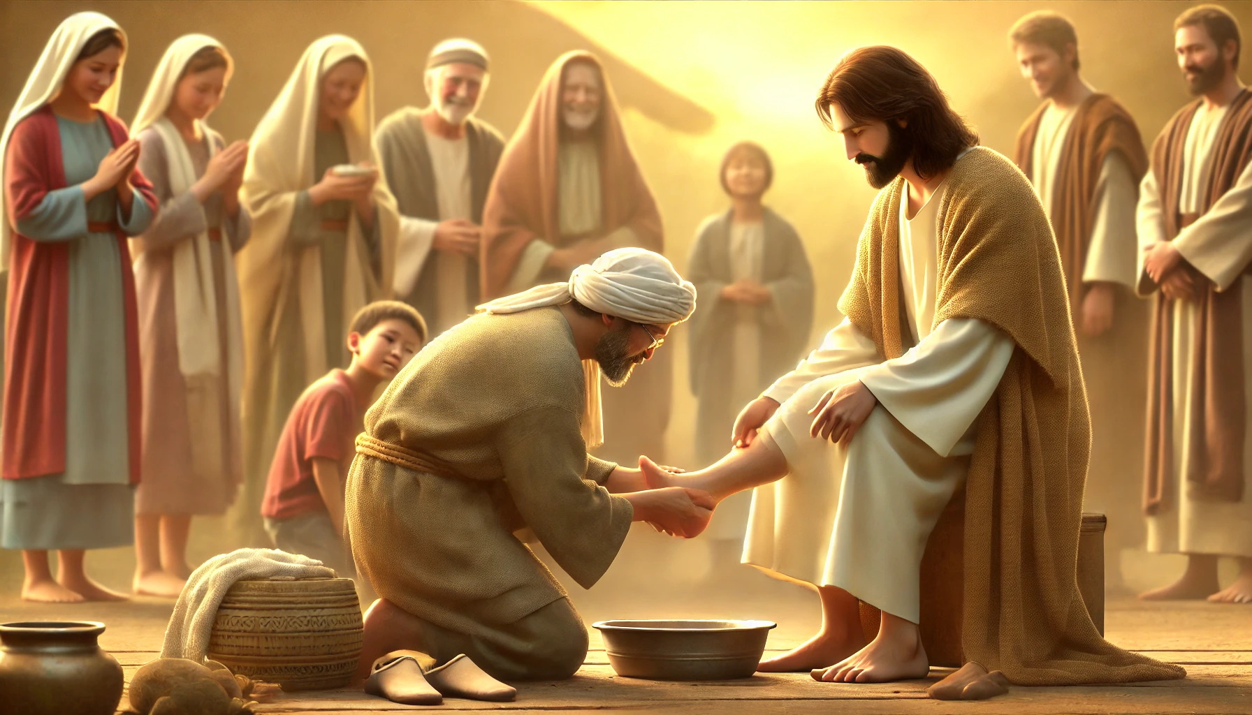 Jesus humbly serving others.