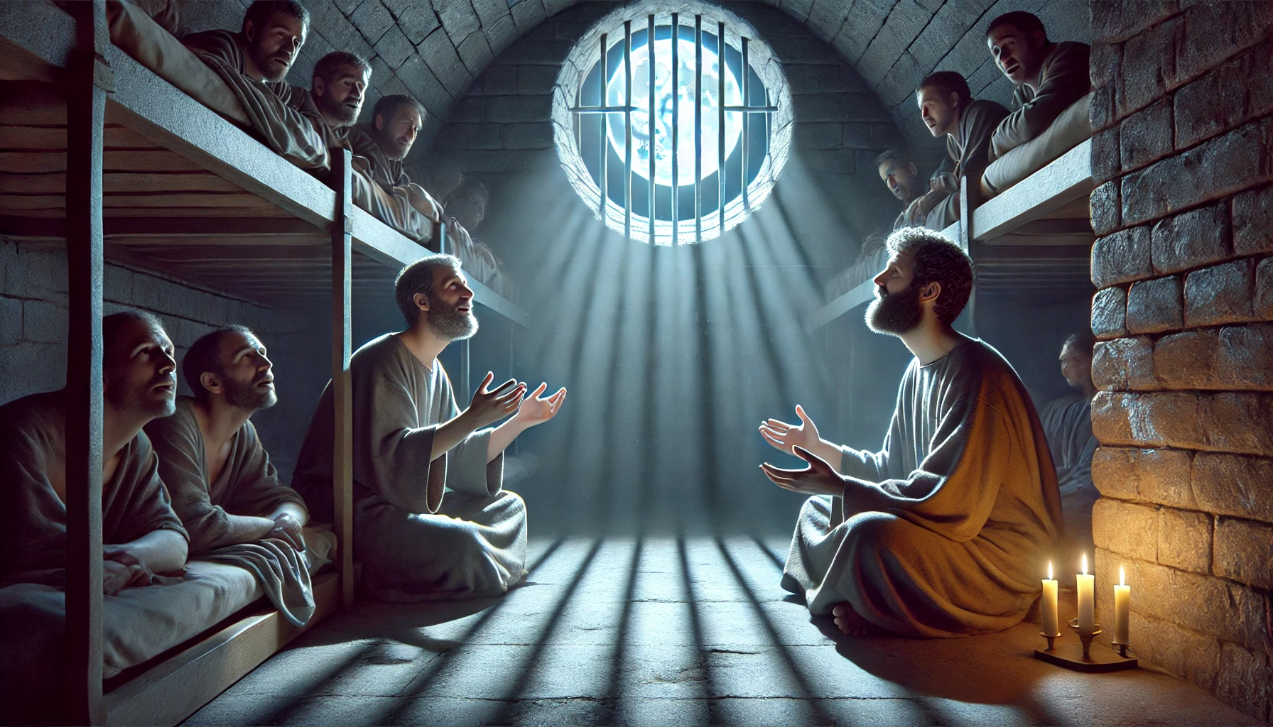 Paul and Silas singing hymns at midnight in a dimly lit prison cell.