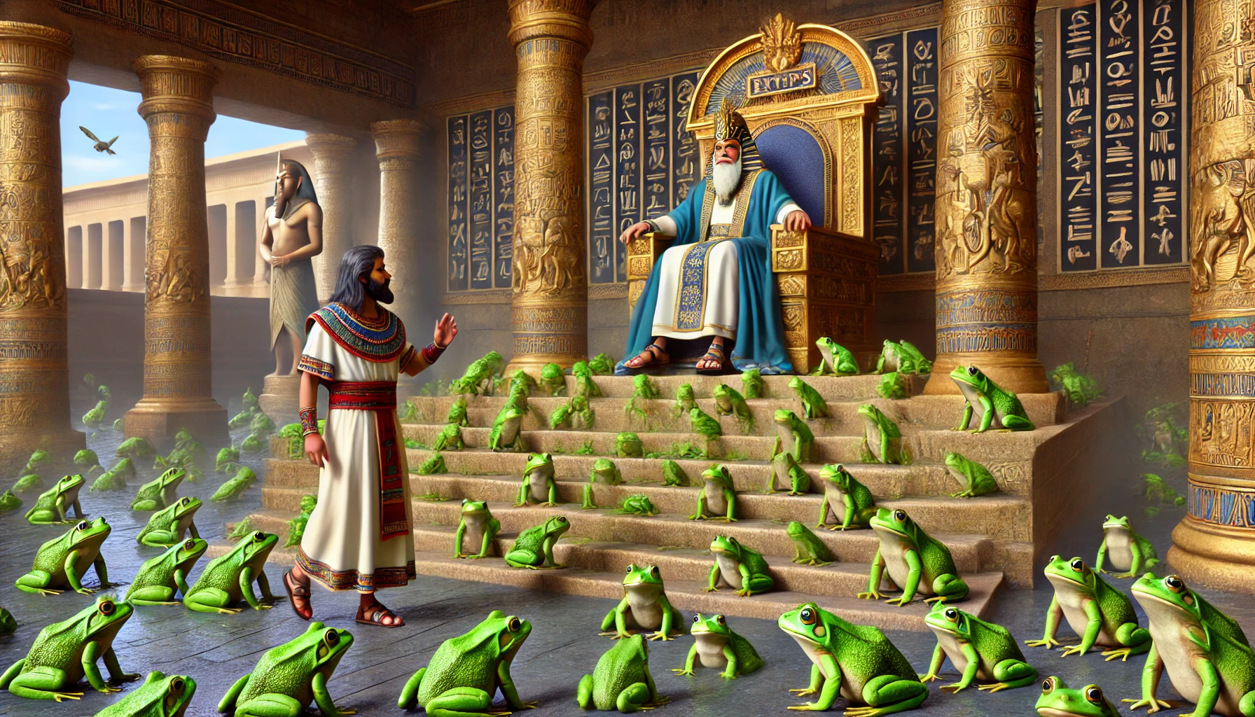 Pharaoh sitting on a grand throne in an Egyptian palace, surrounded by frogs everywhere.