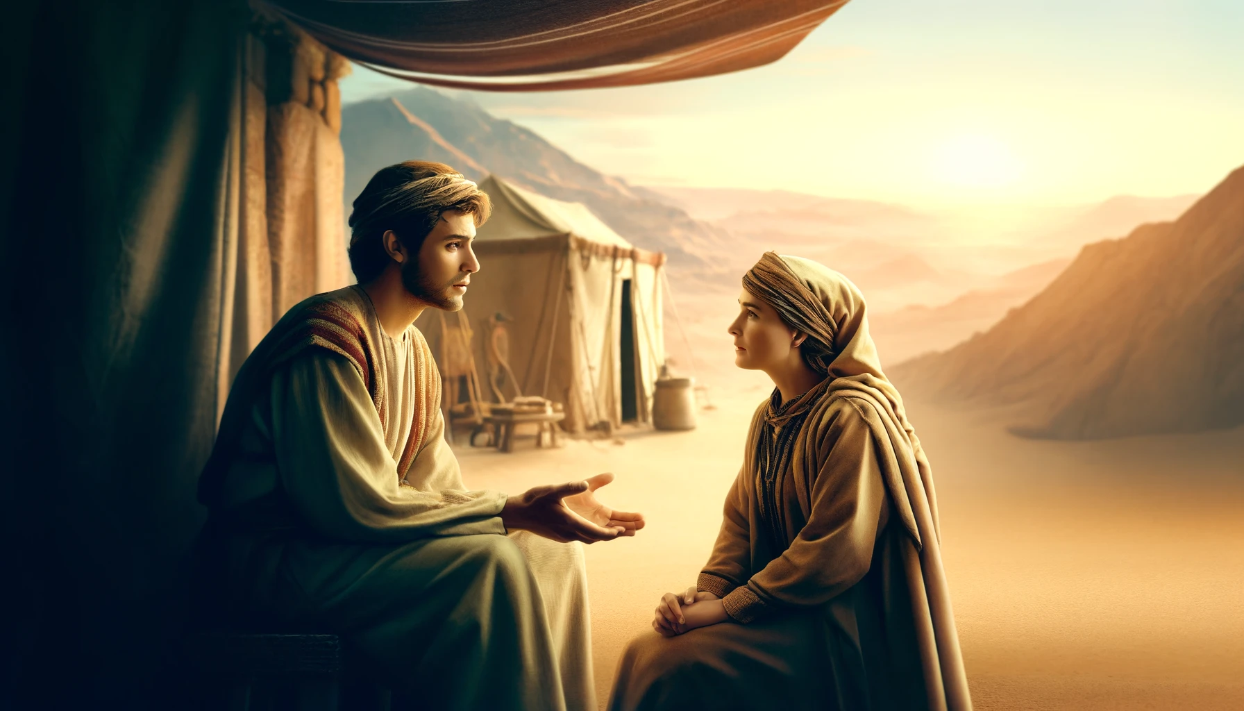 Rebekah and Isaac in an ancient Middle Eastern setting.