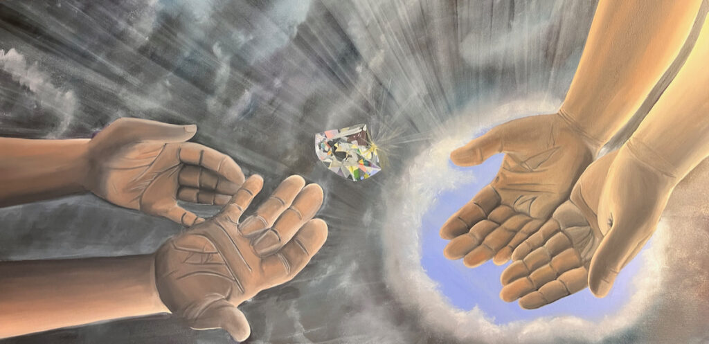 A Faith of My Own Two sets of hands are palm up with a jewel in the air between them.