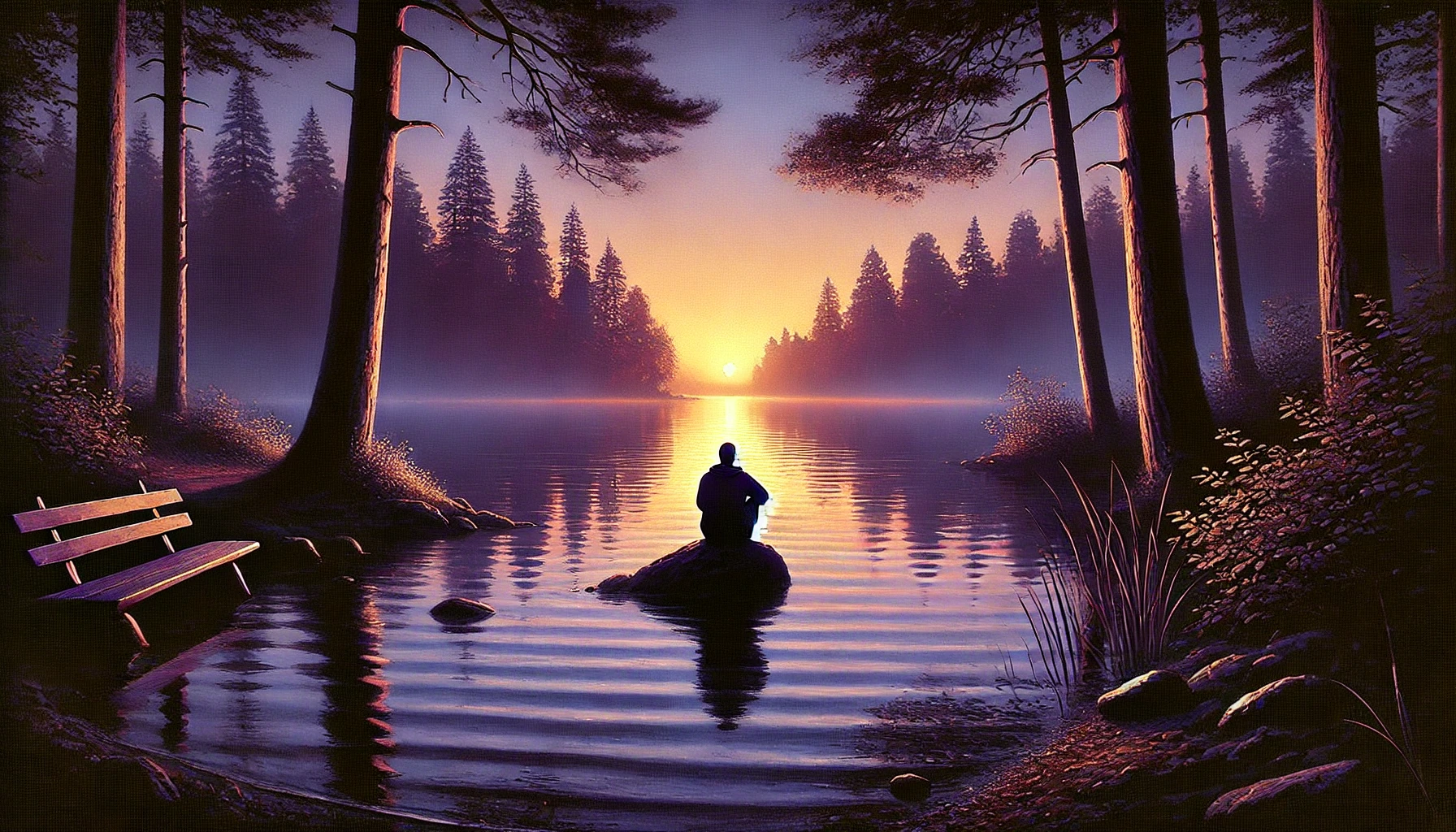 The scene captures a quiet lakeside at dusk.