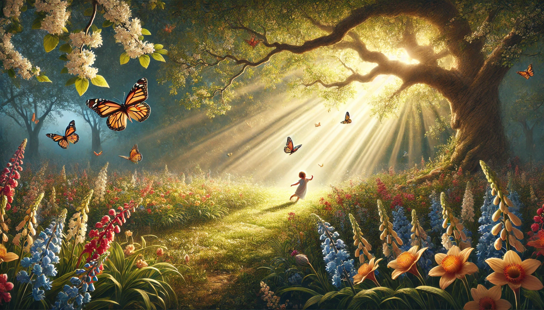 The scene features a lush garden with blooming flowers.