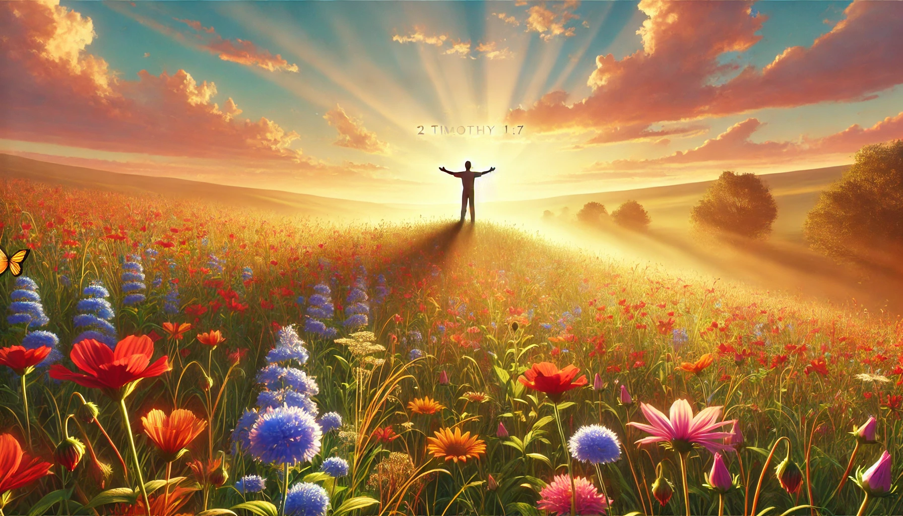 The scene shows a vibrant field of wildflowers bathed in warm sunlight.