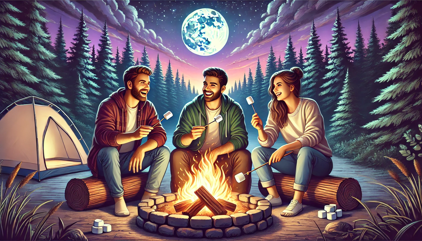 Three close friends sitting around a cozy fire pit during a calm evening. They are roasting marshmallows,
