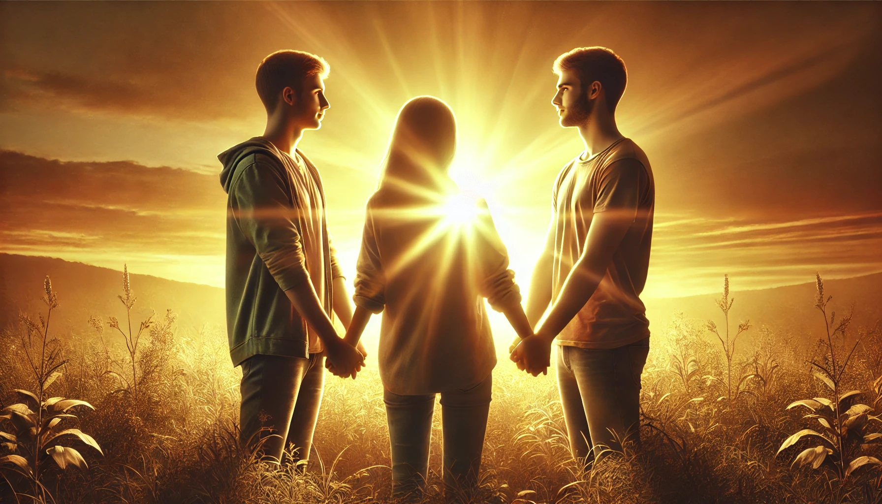 Three friends standing close together in a field with a glowing sunset behind them.