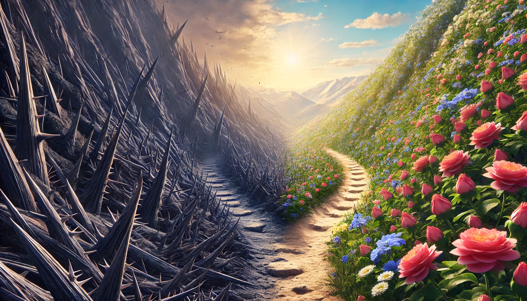 Two contrasting paths_ one dark, steep, and thorny, and the other smooth, bright, and inviting.