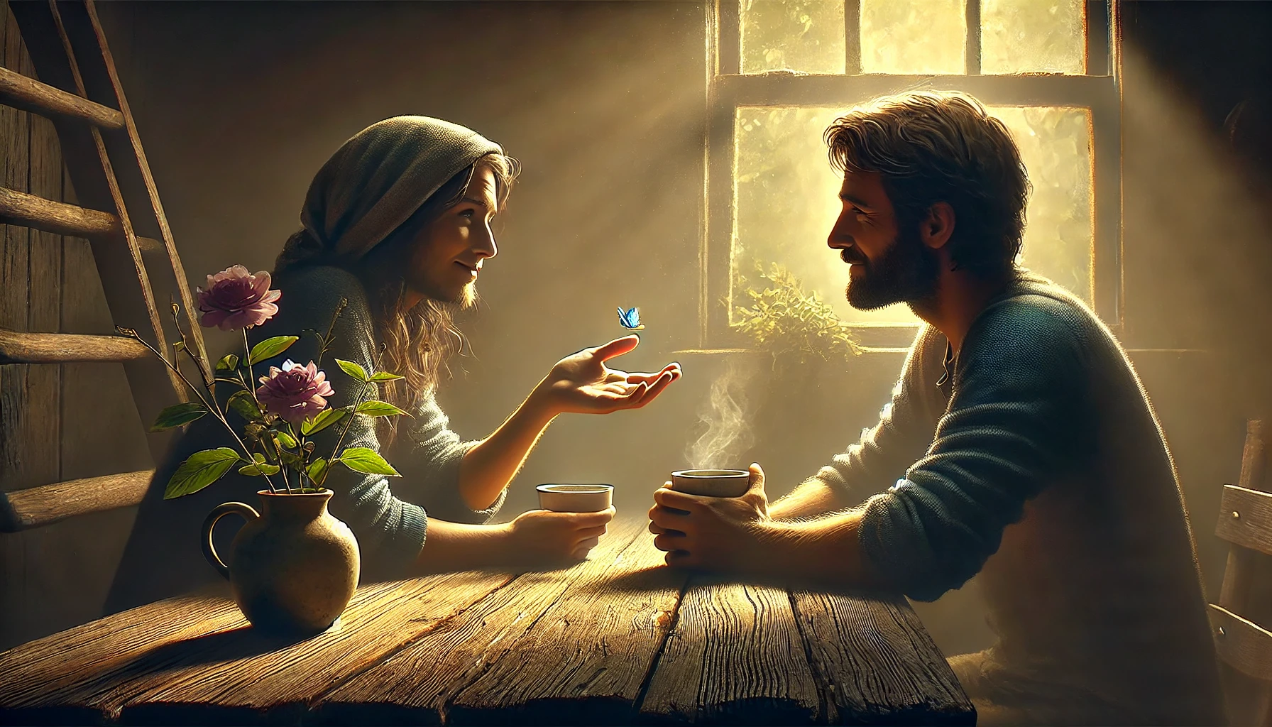 Two friends sitting at a rustic wooden table.