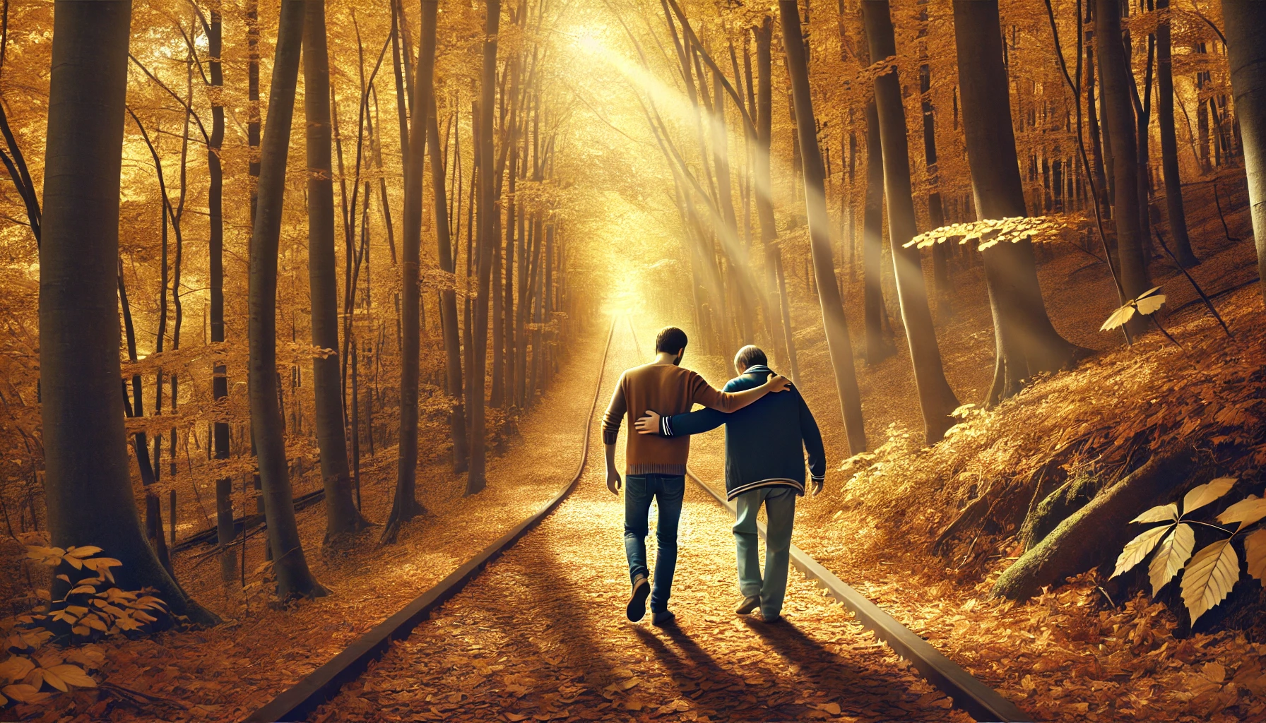 Two friends walking side by side along a forest trail in autumn.