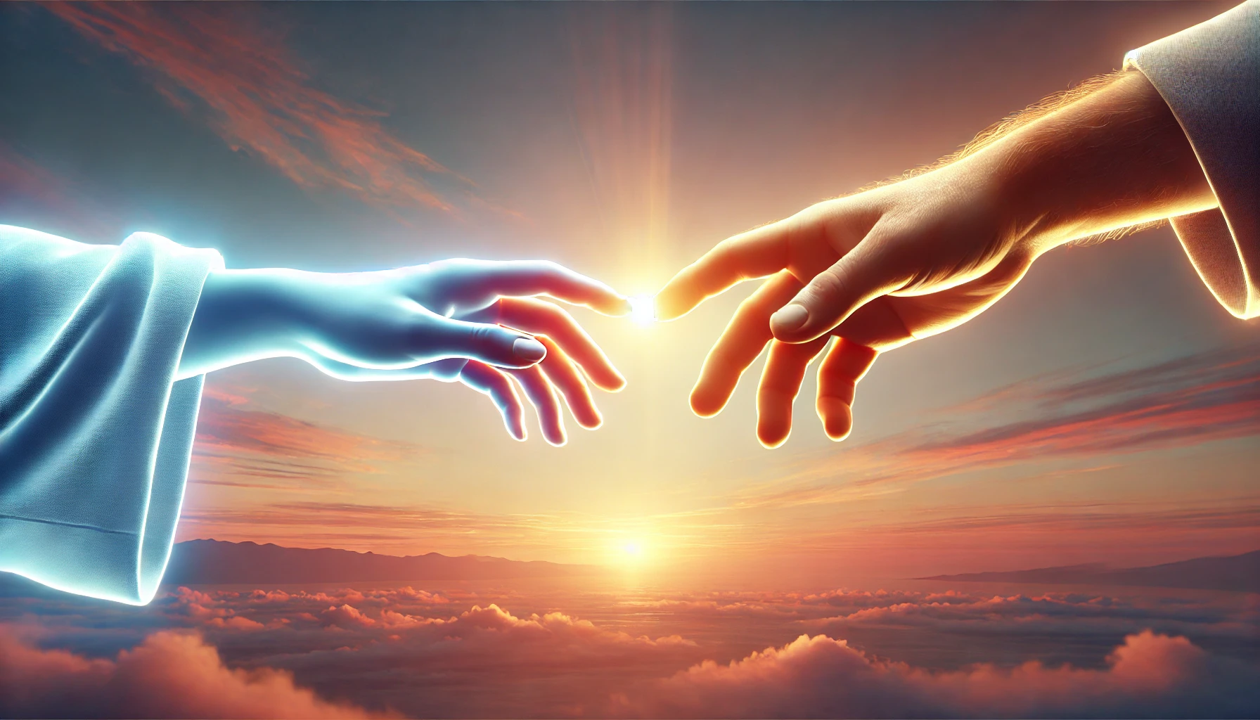 A countryside at dusk with two hands emerging from opposite sides of the image.