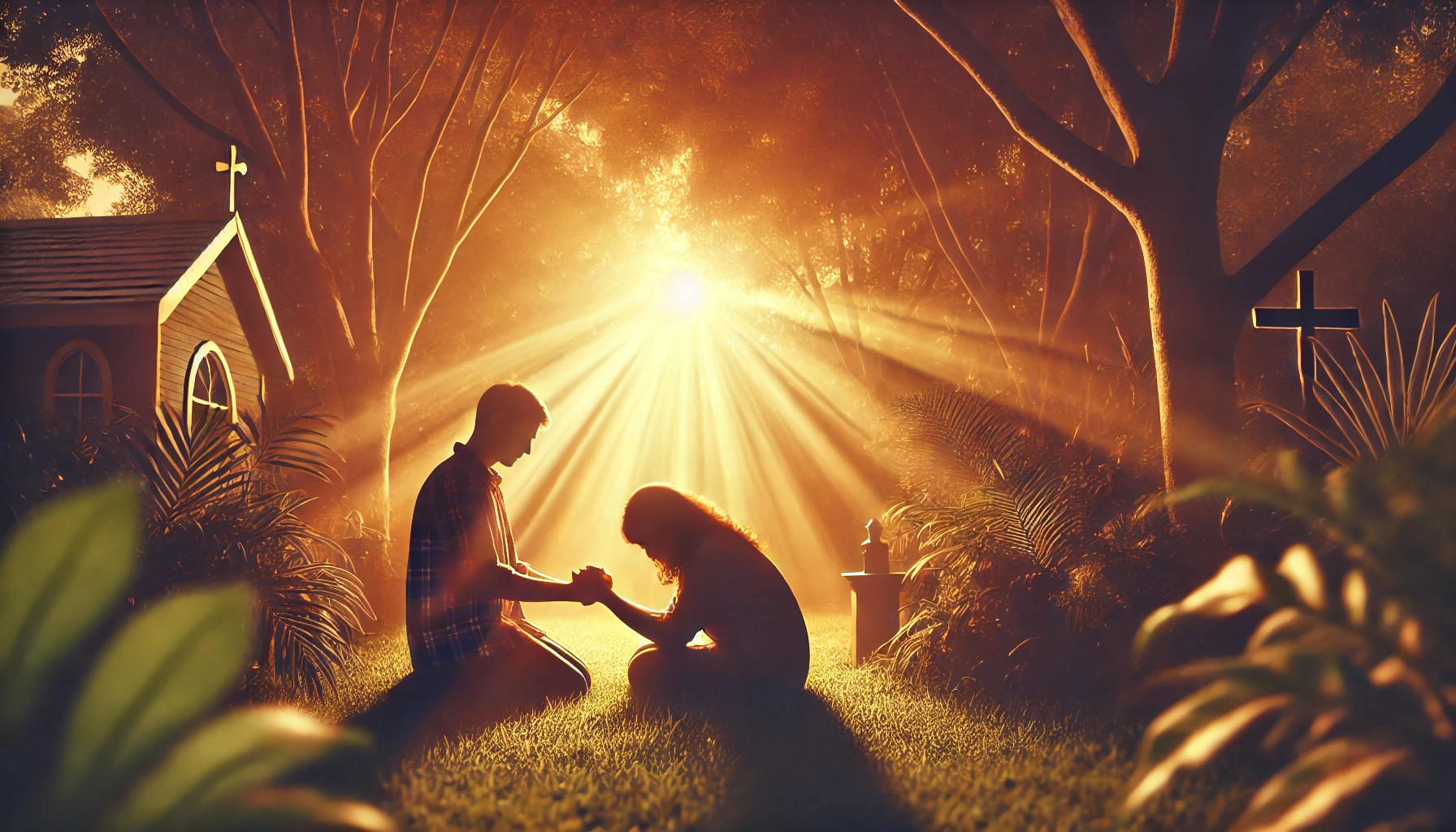 Two individuals sitting in a peaceful garden at sunset, one praying with hands gently laid on the other.