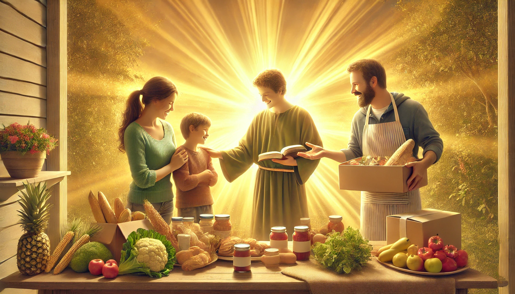 Two people sharing food and supplies with a smiling family in need.
