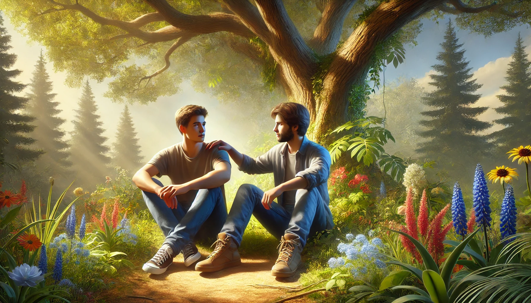 Two young men sitting on the ground in a quiet garden under a large tree.
