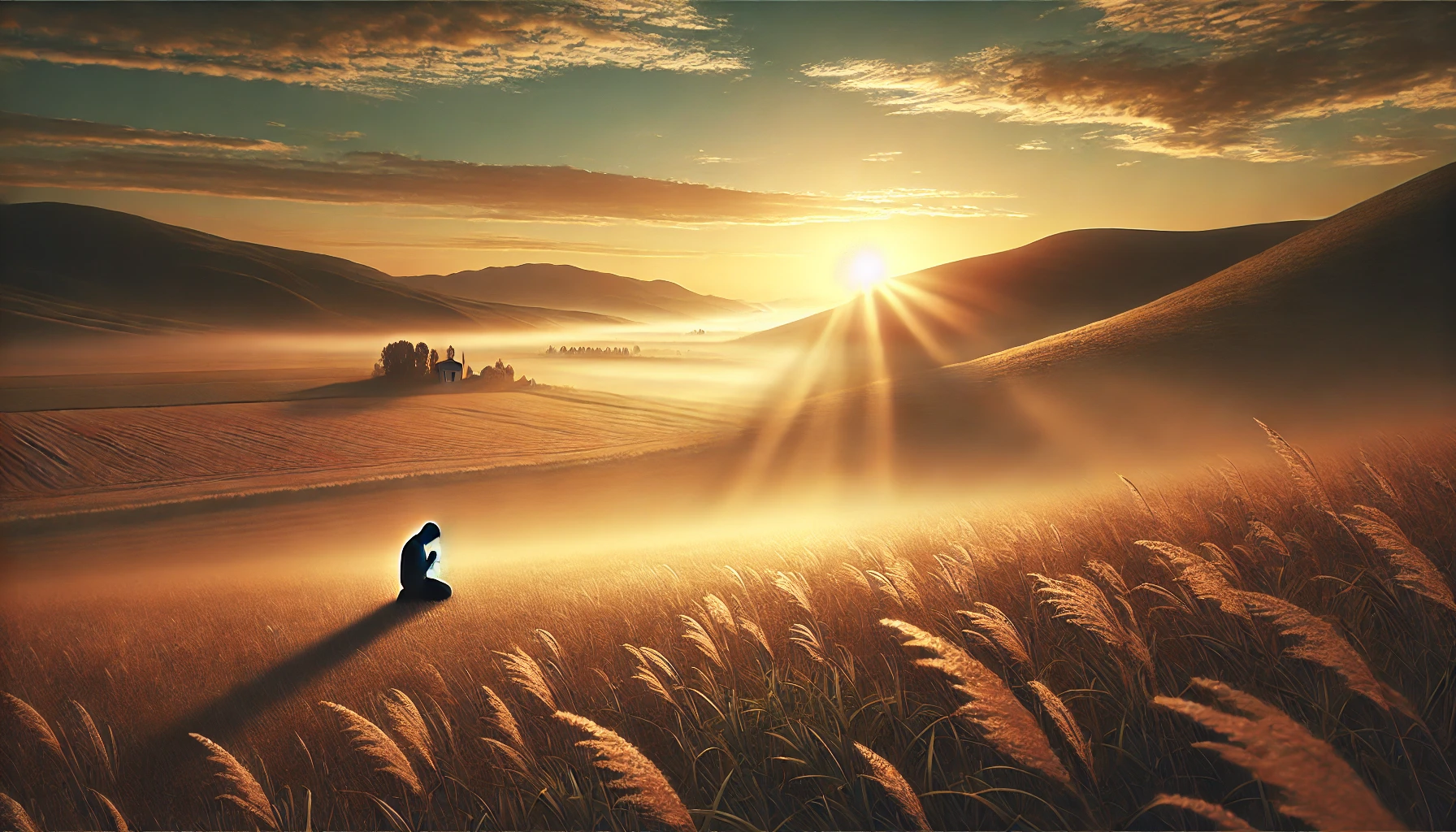 A peaceful, serene landscape with a person kneeling in prayer at sunrise. The scene evokes calmness and spiritual connection, with soft golden light i