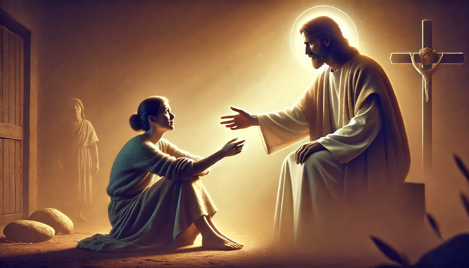 A photorealistic horizontal illustration depicting a compassionate moment of healing. A person, weak and unwell, sits with a sense of hope in their ey