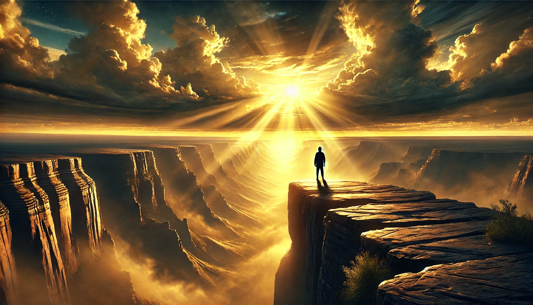 A photorealistic horizontal illustration depicting a moment of divine possibility. A person stands on the edge of a vast canyon at sunrise, looking to