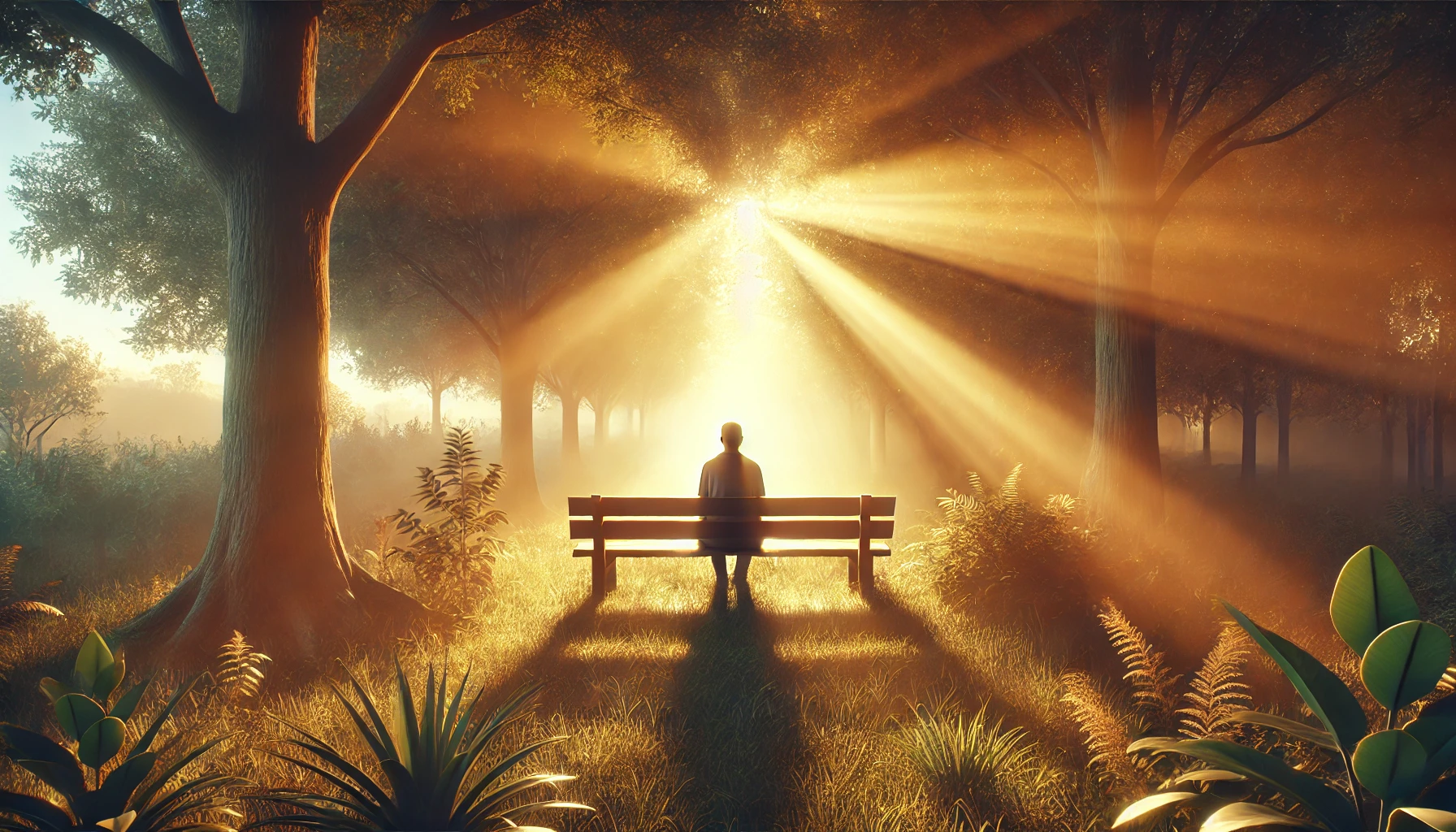 A photorealistic horizontal illustration depicting a serene and comforting scene. A person sits quietly on a bench in a peaceful natural setting, surr