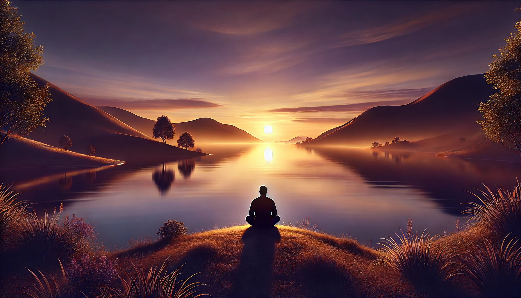 A photorealistic horizontal illustration depicting a serene and peaceful landscape at dusk. A person sits quietly by a calm lake, surrounded by gentle