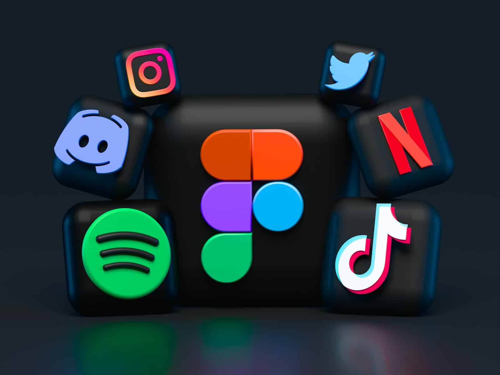 Social media icons against a black background.