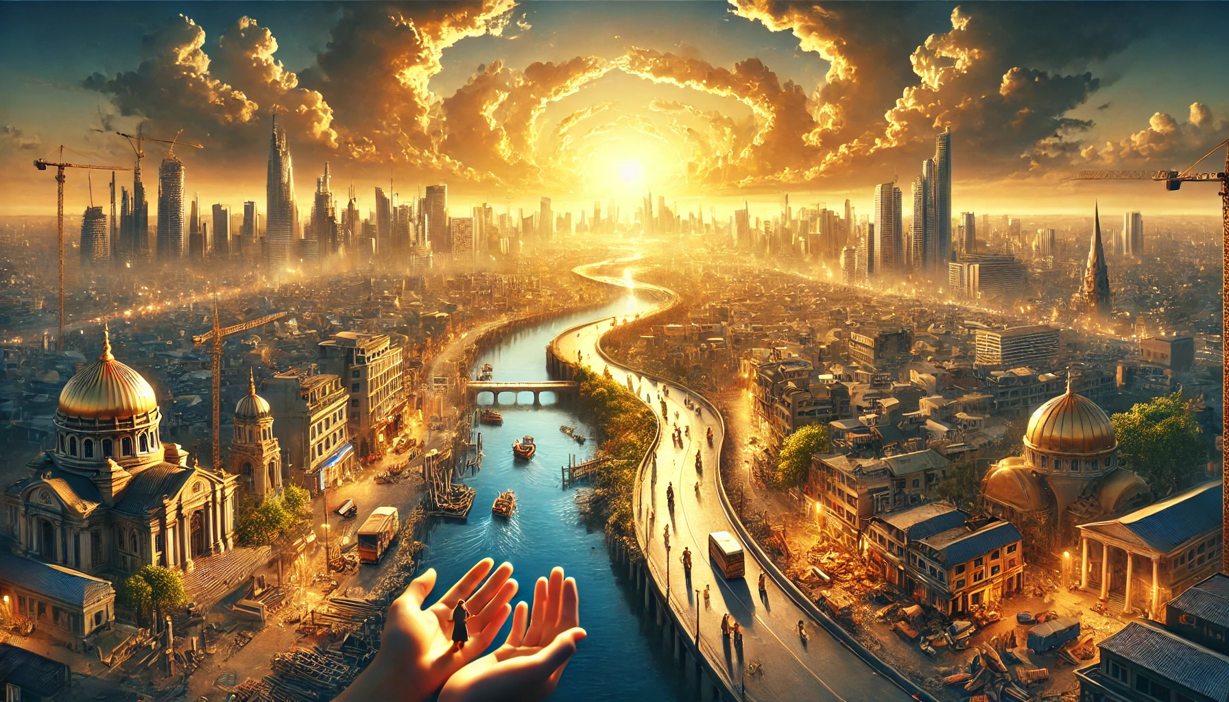 A breathtaking cityscape at dawn, symbolizing divine restoration. The streets, once in disrepair, are now being rebuilt, with golden sunlight illumina