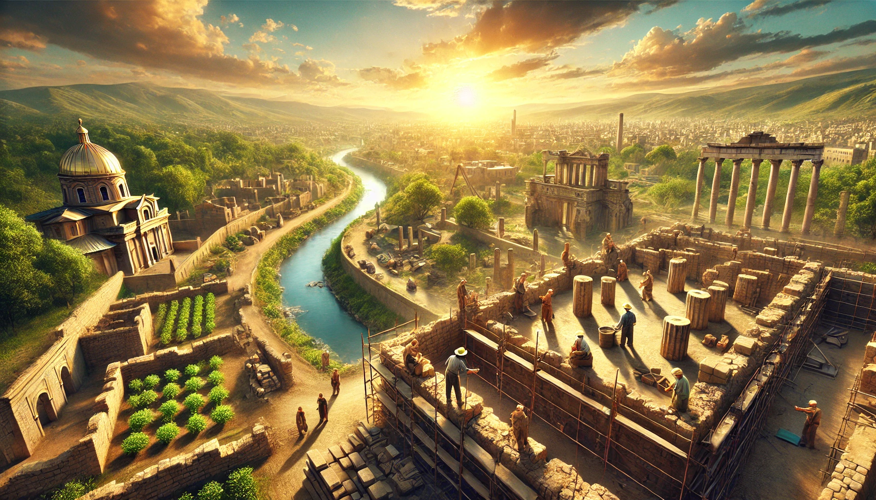 A breathtaking panoramic view of an ancient city being restored, with workers rebuilding stone walls and streets. The golden light of sunrise casts a