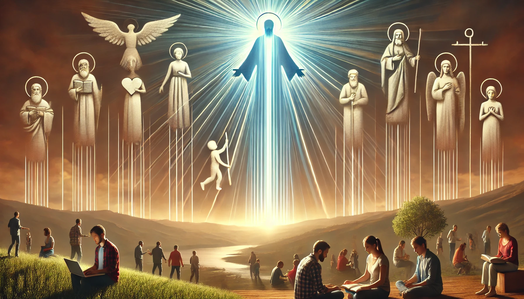 A horizontal photorealistic image showing symbolic beams of light descending from heaven, each touching individuals engaged in different spiritual act