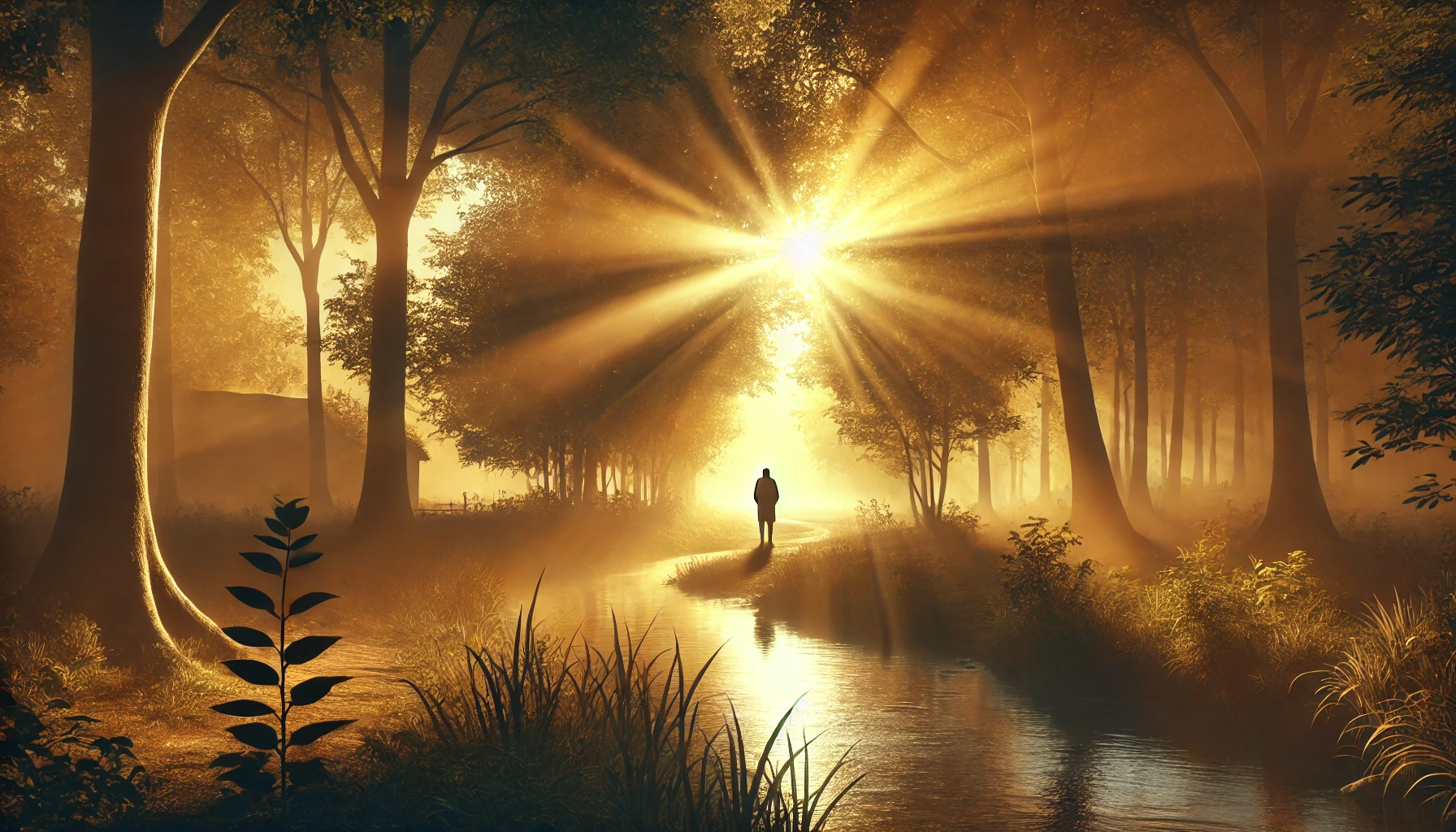 A peaceful landscape at dawn, symbolizing spiritual healing and restoration. A lone figure stands on a quiet forest path, surrounded by golden sunligh