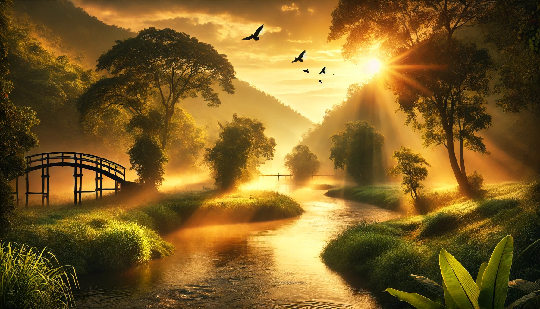 A peaceful landscape at sunrise, symbolizing spiritual renewal and divine restoration. A serene river flows through a lush green valley, reflecting th