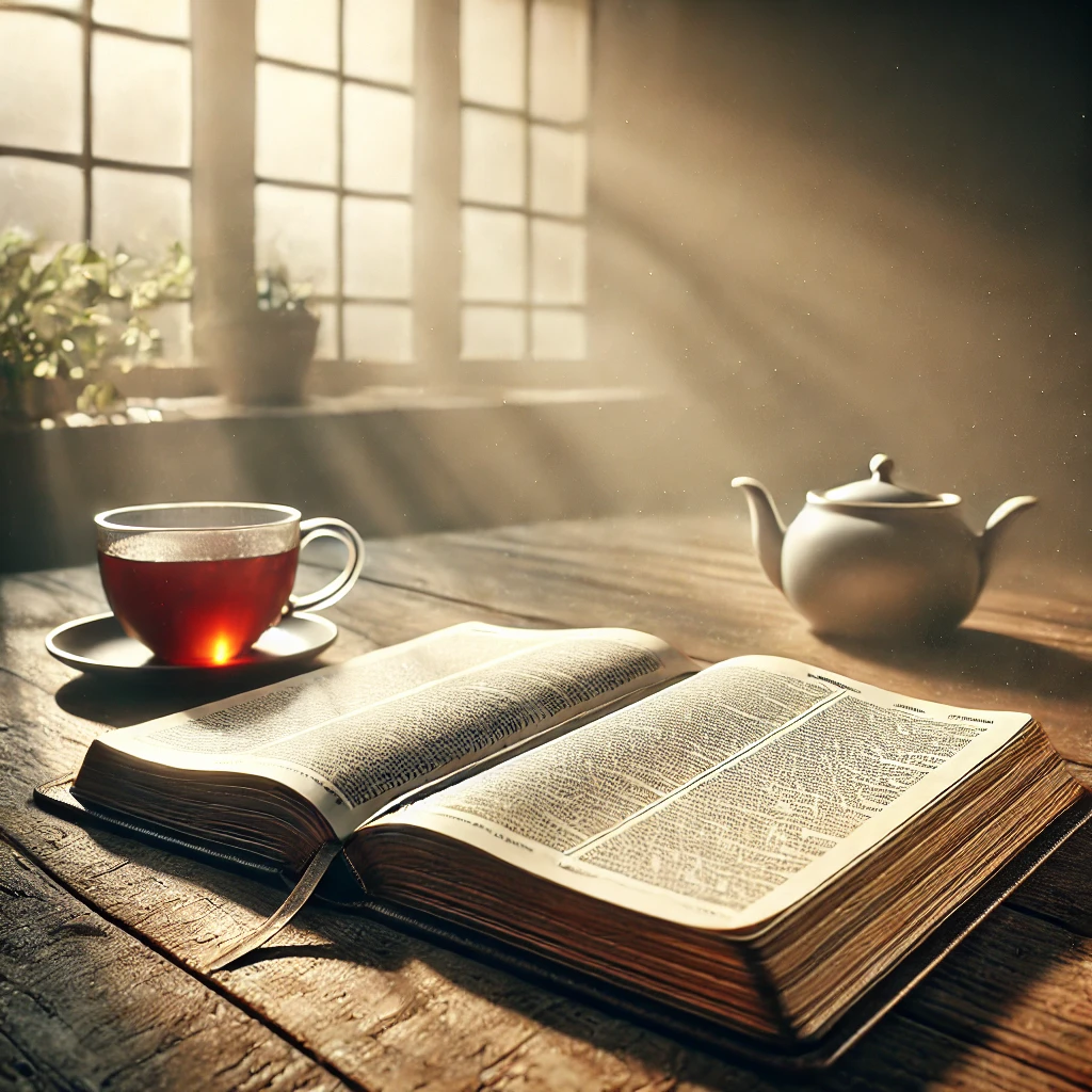 A photorealistic depiction of an open Bible on a wooden table with warm sunlight streaming through a nearby window. The pages are slightly worn, and a
