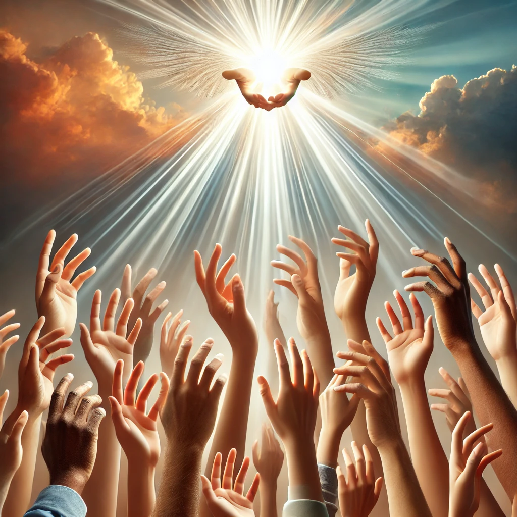 A photorealistic depiction of diverse hands reaching upward toward a radiant light symbolizing spiritual gifts. The light emits beams that touch each