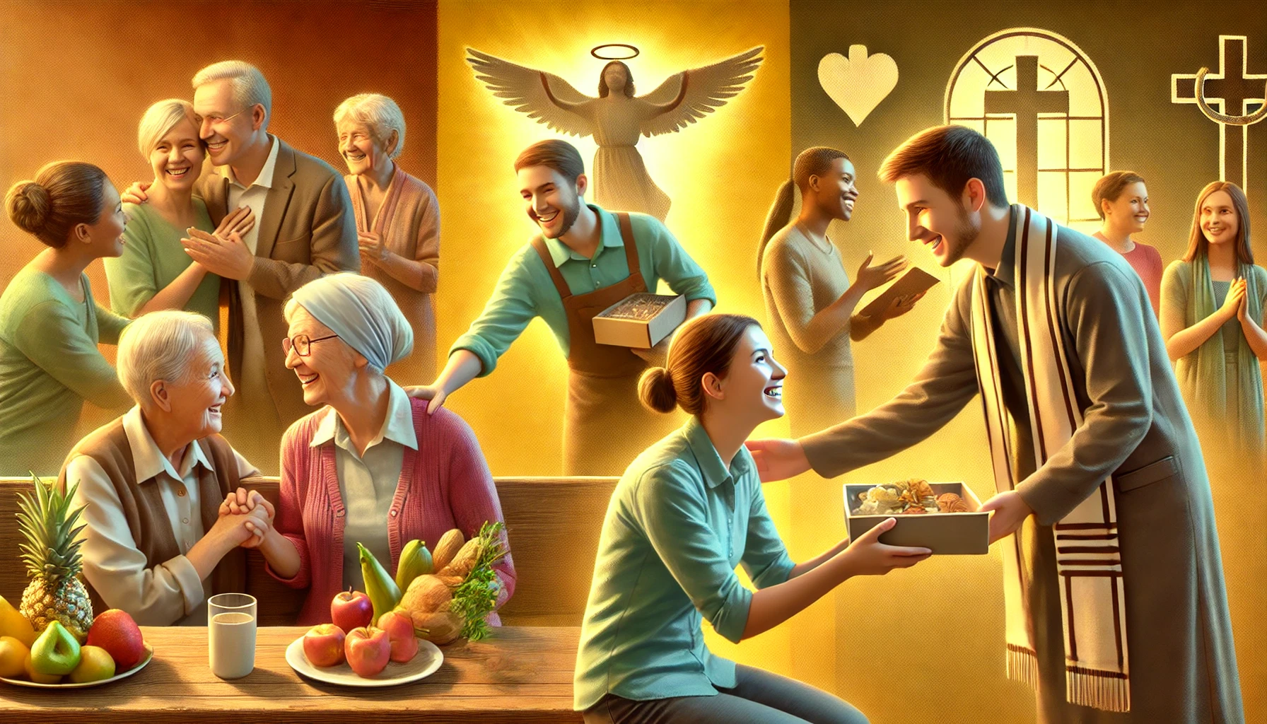 A photorealistic horizontal image depicting a church community scene. One person is gently encouraging another, a second is joyfully giving a meal or