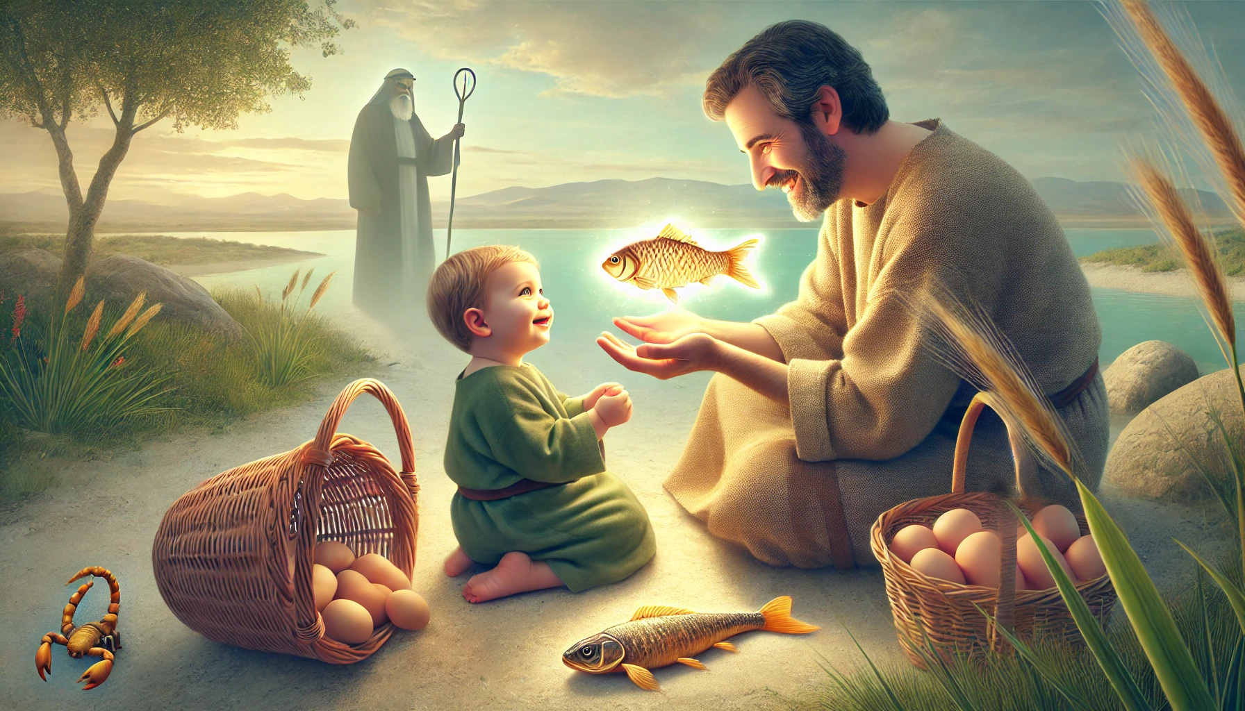 A photorealistic horizontal image of a loving father and child outdoors. The father is kneeling, offering a glowing fish-shaped loaf of bread to the s