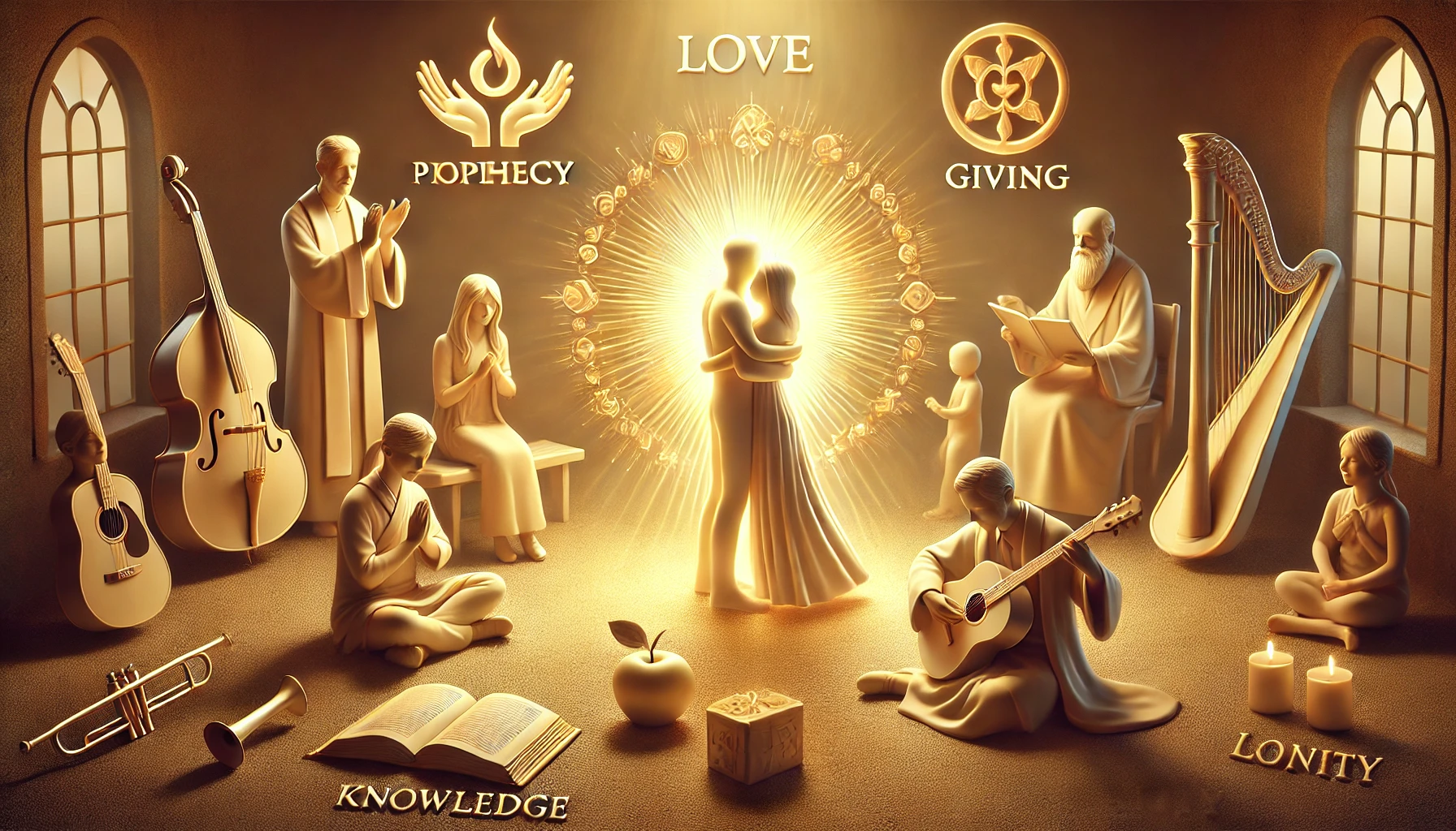 A photorealistic horizontal image showing a symbolic scene_ people displaying spiritual gifts such as prophecy, giving, and faith, but in the center,
