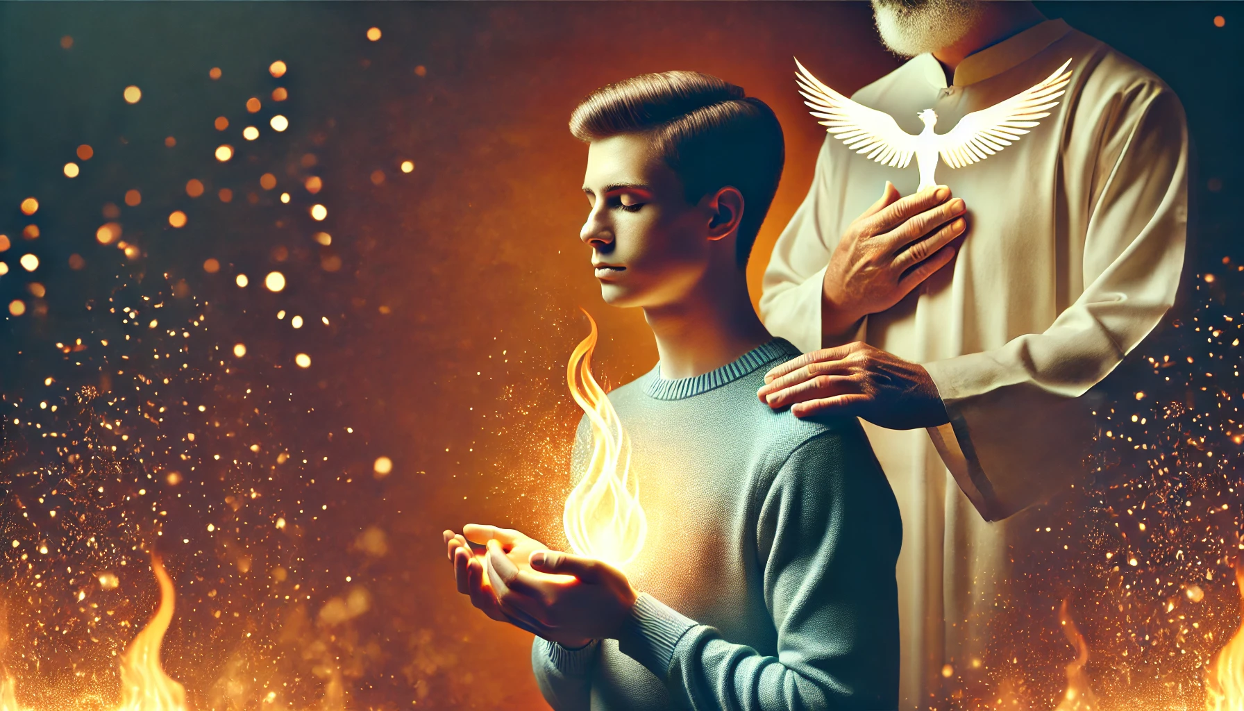 A photorealistic horizontal image symbolizing spiritual empowerment. A young man kneels in quiet prayer with a soft, glowing flame in his chest, repre