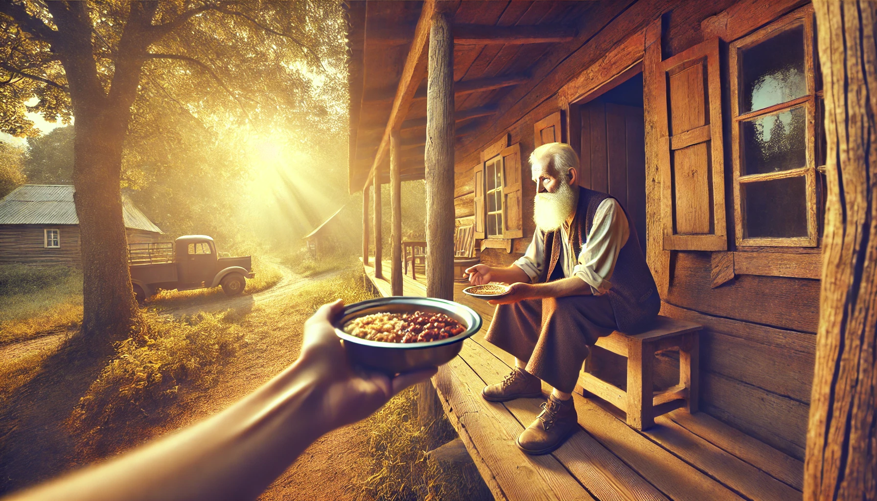 A photorealistic wide-angle image of a kind and wise elderly man sitting on the porch of a rustic home, offering food to a visitor. The scene is warm