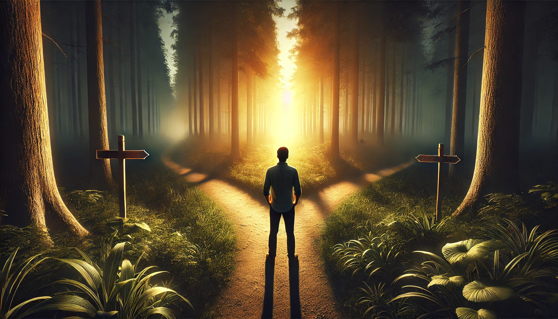 A photorealistic wide-angle image of a man standing at a crossroads in a dense forest, with one path leading into darkness and the other illuminated b
