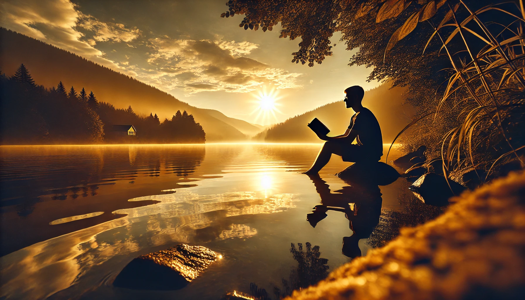 A photorealistic wide-angle image of a person sitting by a lake at sunrise, reading a Bible. The scene is peaceful, with calm water reflecting the gol