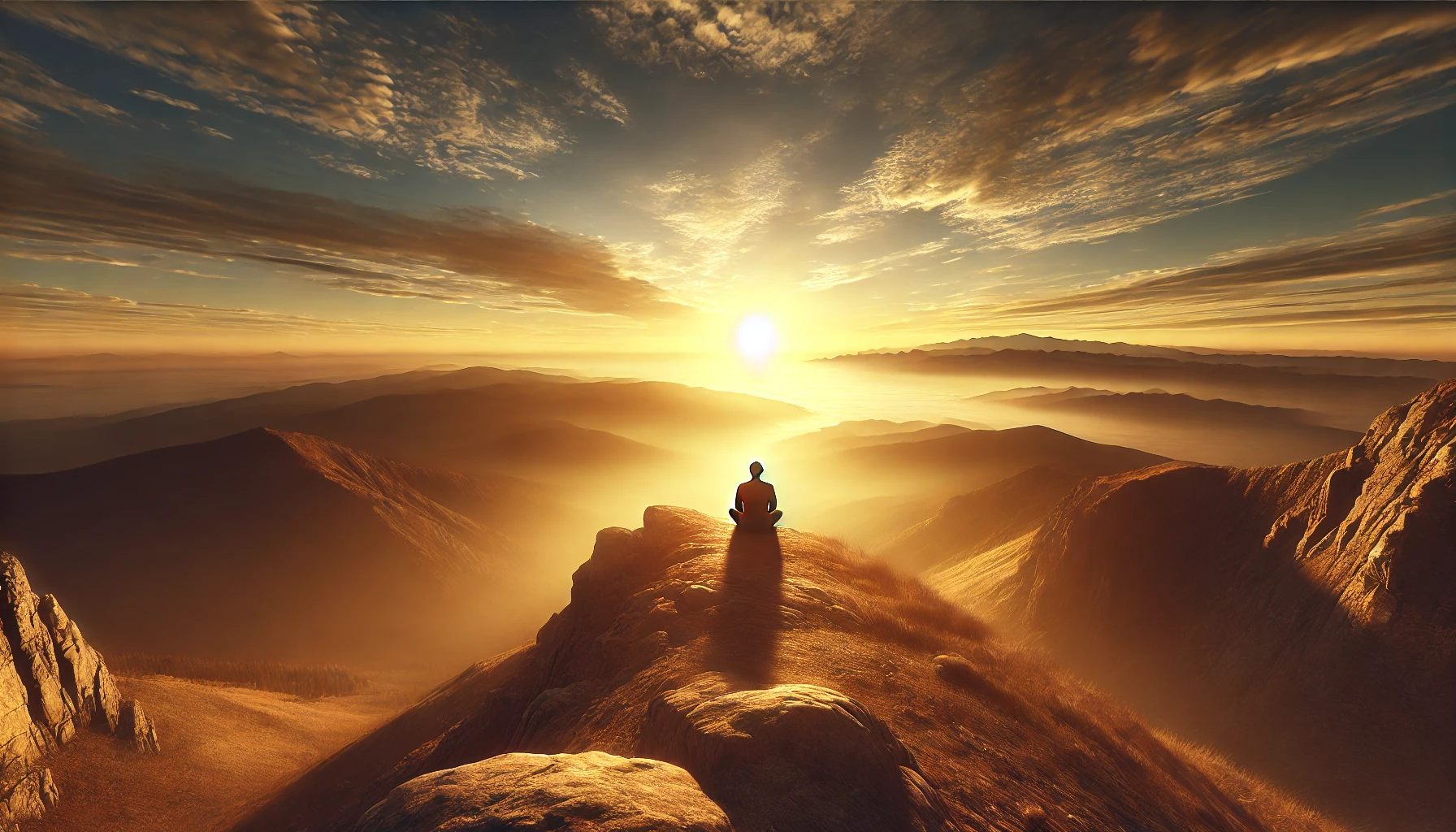 A photorealistic wide-angle image of a person sitting quietly on a mountaintop at sunrise, gazing over a vast, peaceful landscape. The golden sunlight