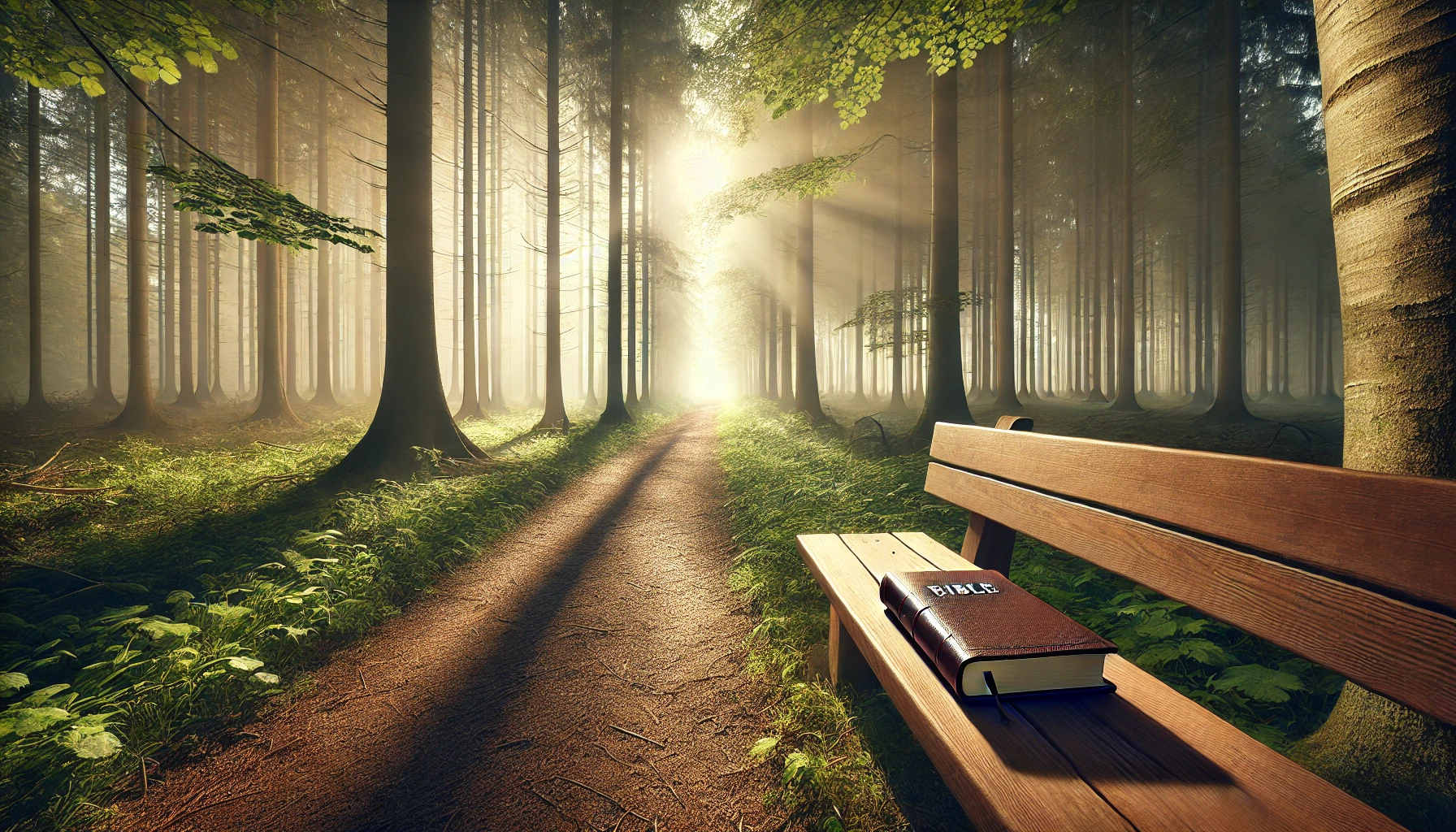 A photorealistic wide-angle image of a serene forest path bathed in soft morning light. The path is lined with tall trees, and a Bible rests gently on