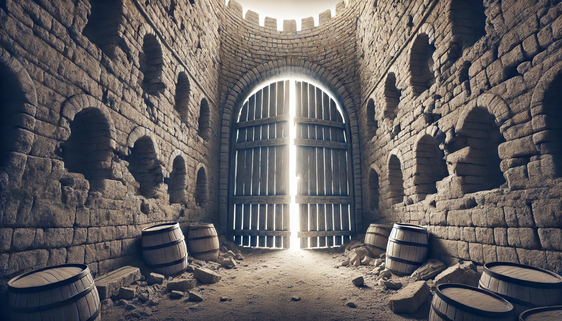 A photorealistic wide-angle image of an ancient walled city in ruins, with crumbling walls and open gates. The scene conveys vulnerability and exposur