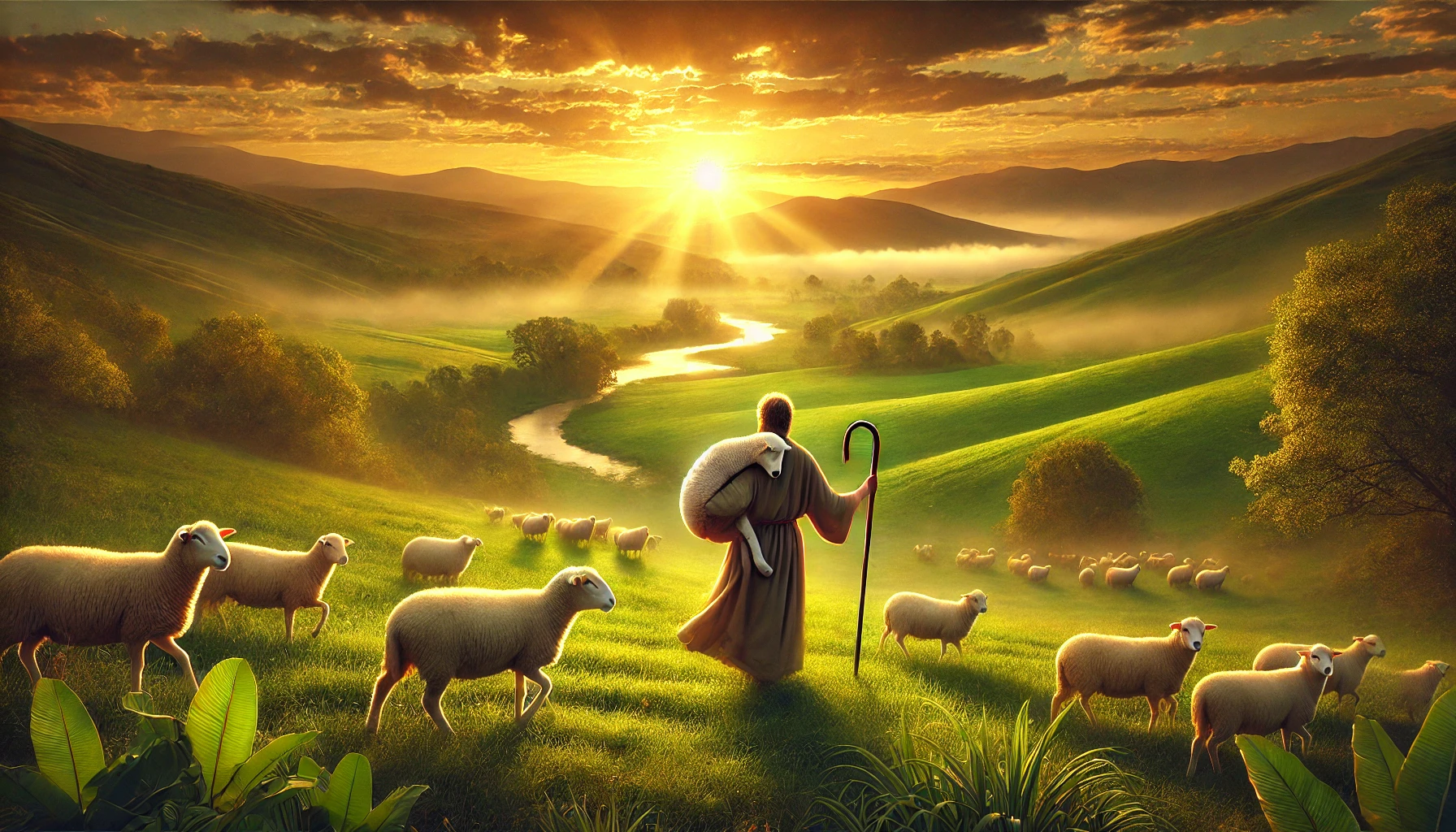 A serene countryside landscape at sunrise, symbolizing divine restoration. A shepherd stands in a lush green pasture, gently guiding a small flock of