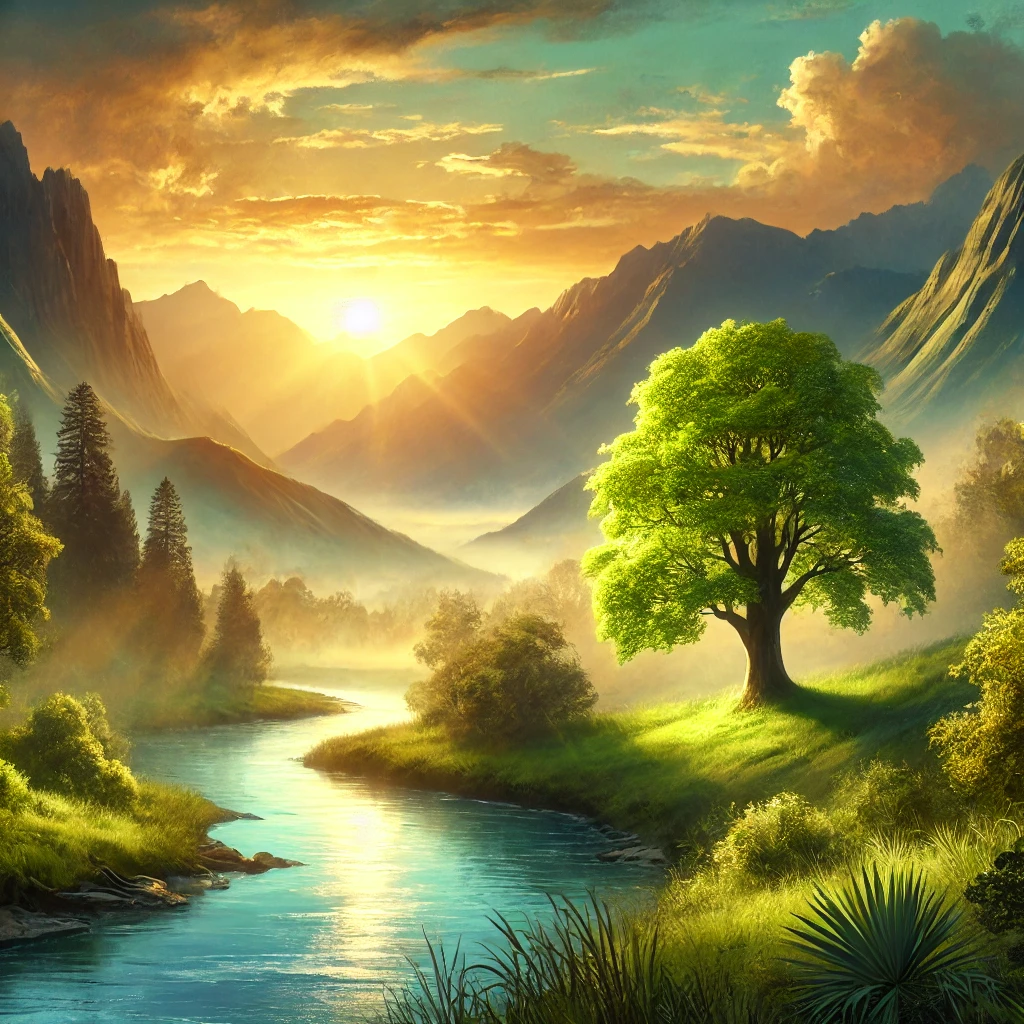 A serene landscape depicting spiritual restoration_ a lush green valley with a peaceful river running through it, surrounded by towering mountains und