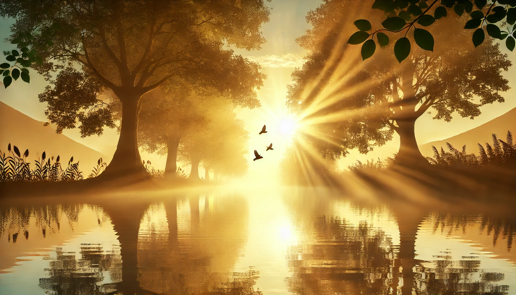 A tranquil scene of a tree-lined riverbank at sunrise, symbolizing spiritual renewal. The sun’s rays filter through the leaves, casting a warm golden