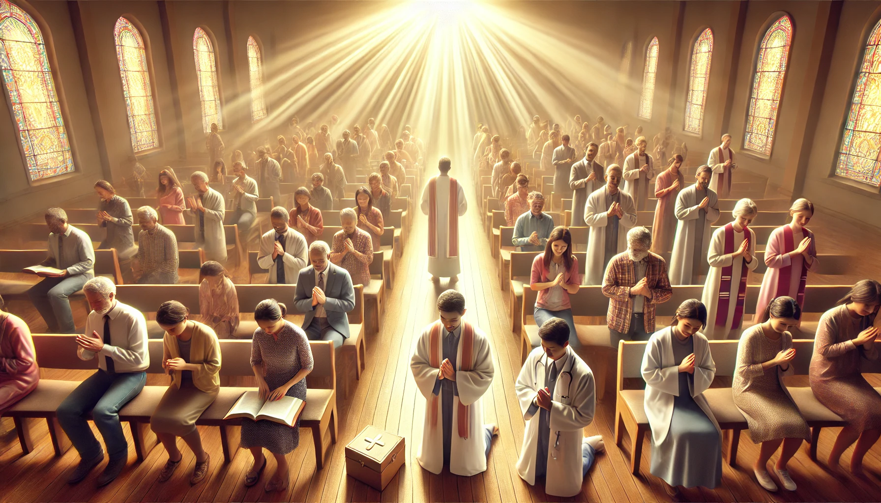 A wide, photorealistic horizontal scene of a church congregation with people using spiritual gifts_ some are praying, others healing, teaching, or ser